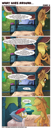 Size: 954x2330 | Tagged: safe, artist:saturdaymorningproj, apple bloom, applejack, earth pony, pony, comic:what goes around, g4, bed, comic, dark, female, imminent nightmares, mare, pillow, prank, revenge, scared, this will end in tears