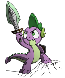Size: 2500x3000 | Tagged: safe, artist:dfectivedvice, artist:pananovich, spike, dragon, g4, high res, male, shield, simple background, solo, sword, transparent background, weapon