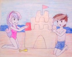 Size: 1011x791 | Tagged: safe, artist:little-miss-oshawott, pipsqueak, sweetie belle, equestria girls, g4, beach, belly button, clothes, date, female, male, one-piece swimsuit, sandcastle, ship:sweetiesqueak, shipping, straight, swimming trunks, swimsuit, topless, traditional art