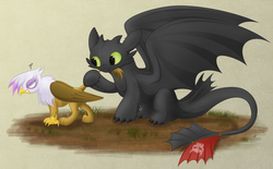 Size: 1200x743 | Tagged: safe, artist:littlehybridshila, gilda, dragon, griffon, night fury, g4, angry, dreamworks, duo, female, gilda is not amused, how to train your dragon, male, nom, simple background, toothless the dragon