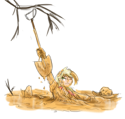 Size: 800x766 | Tagged: safe, artist:king-kakapo, applejack, human, g4, clothes, dirty, female, humanized, mud, quicksand, shovel, sinking, sketch, solo, tree, tree branch