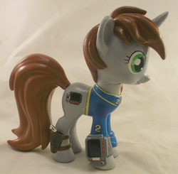 Size: 2889x2833 | Tagged: safe, artist:gryphyn-bloodheart, oc, oc only, oc:littlepip, pony, unicorn, fallout equestria, 3d print, clothes, customized toy, cutie mark, fanfic, female, funko, gun, handgun, high res, hooves, horn, irl, jumpsuit, little macintosh, mare, photo, pipbuck, revolver, solo, toy, vault suit, weapon