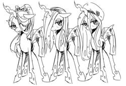 Size: 1023x698 | Tagged: dead source, safe, artist:30clock, queen chrysalis, changeling, changeling queen, g4, alternate hairstyle, female, monochrome, solo