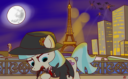 Size: 2000x1250 | Tagged: safe, artist:comrade_spy, coco pommel, g4, clothes, coco chanel, eiffel tower, explosion, france, gun, hat, luger, mouth hold, night, paris, pistol, ponified, spotlights, spy, trenchcoat