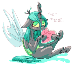 Size: 1280x1154 | Tagged: safe, artist:nobody, queen chrysalis, changeling, changeling queen, g4, blushing, cute, cutealis, eating, embarrassed, female, solo, valentine