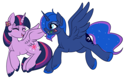 Size: 750x473 | Tagged: safe, artist:lulubell, princess luna, twilight sparkle, alicorn, pony, g4, female, flower, flower in mouth, lesbian, mare, mouth hold, ship:twiluna, shipping, simple background, transparent background, twilight sparkle (alicorn), unshorn fetlocks