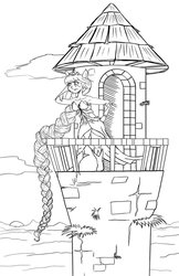 Size: 719x1112 | Tagged: safe, artist:faroth, applejack, human, g4, crossover, eared humanization, fairy tale, humanized, lineart, monochrome, rapunzel