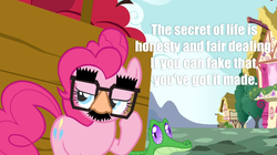 Size: 1050x590 | Tagged: safe, gummy, pinkie pie, g4, groucho marx, groucho mask, image macro, meme, quote