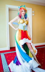 Size: 565x900 | Tagged: safe, artist:flying-fox, rainbow dash, human, g4, clothes, cosplay, dress, female, gala dress, hand on hip, irl, irl human, katsucon, photo, solo