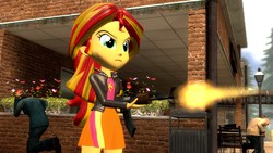 Size: 1600x900 | Tagged: safe, artist:creatorofpony, artist:roxannegoat, sunset shimmer, equestria girls, g4, 3d, 3d model, ak-47, assault rifle, clothes, female, flower, frown, gmod, gun, jacket, leather jacket, rifle, shooting, skirt, solo, weapon