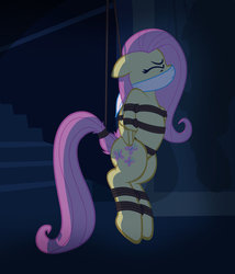 Size: 800x933 | Tagged: safe, artist:radiantrealm, fluttershy, g4, arm behind back, armbinder, bondage, bound wings, cloth gag, eyes closed, female, gag, imminent rape, imminent sex, rope, rope bondage, show accurate, surprisingly clean comments, this will end in tears, tied up