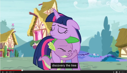 Size: 1282x744 | Tagged: safe, edit, edited screencap, screencap, spike, twilight sparkle, alicorn, pony, unicorn, castle sweet castle, g4, season 5, caption, crying, female, hug, mare, meme, twilight sparkle (alicorn), youtube caption