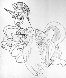 Size: 863x1008 | Tagged: safe, artist:unoriginai, princess celestia, twilight sparkle, g4, beard, cute, facial hair, half r63 shipping, moustache, neckbeard, prince solaris, rule 63, ship:twilaris, ship:twilestia, shipping, sideburns, traditional art, twilight sparkle (alicorn)