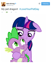 Size: 600x744 | Tagged: safe, spike, twilight sparkle, g4, pet, tara strong, text, twitter