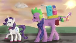 Size: 3264x1840 | Tagged: safe, artist:slytherinakatsuki, rarity, spike, g4, bag, bedroom eyes, blushing, clothes, eyes on the prize, female, male, outdoors, pregnant, raised hoof, scarf, ship:sparity, shipping, shopping, smiling, straight, walking