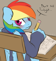 Size: 1280x1388 | Tagged: safe, artist:spiritcookie, rainbow dash, twilight sparkle, anthro, g4, blushing, caught, drawing, female, lesbian, ship:twidash, shipper on deck, shipping, sitting, sketchbook, solo