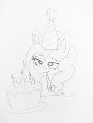 Size: 960x1280 | Tagged: safe, artist:dubstepbrony4life, pinkie pie, g4, amateur drawing, bedroom eyes, birthday, cake, drawing, female, hat, monochrome, party hat, party horn, sketch, solo, traditional art