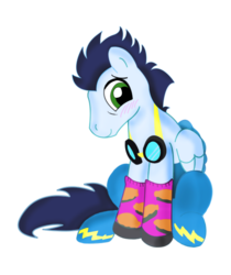 Size: 599x712 | Tagged: safe, artist:foxxy-arts, edit, soarin', pegasus, pony, g4, blushing, clothes, goggles, male, pie, simple background, socks, solo, that pony sure does love pies, transparent background, wonderbolts uniform