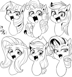 Size: 1023x1102 | Tagged: safe, artist:nekubi, applejack, fluttershy, pinkie pie, rainbow dash, rarity, twilight sparkle, pony, g4, cute little fangs, fangs, mane six, monochrome