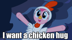 Size: 958x540 | Tagged: safe, pinkie pie, g4, animal costume, chicken pie, chicken suit, clothes, costume, female, image macro, imma snuggle you, meme, solo