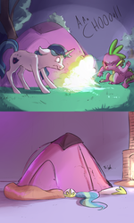 Size: 1280x2130 | Tagged: safe, artist:imsokyo, princess celestia, shining armor, spike, alicorn, dragon, pony, unicorn, daily life of spike, g4, camping, comic, female, fire, fire breath, floppy ears, male, mare, sneezing, stallion, teleportation, teleportation mishap, tent, this will end in a long walk home, wavy mouth