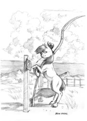 Size: 1200x1664 | Tagged: safe, artist:baron engel, apple bloom, g4, bipedal leaning, female, fence, monochrome, pencil drawing, scythe, solo, traditional art