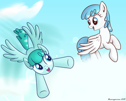 Size: 2000x1600 | Tagged: safe, artist:bluemeganium, lightning bolt, spring melody, sprinkle medley, white lightning, pegasus, pony, g4, cloud, cloudy, eye contact, female, flying, mare, open mouth, sky, smiling