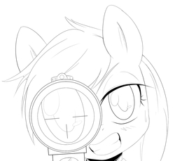 Size: 1592x1458 | Tagged: safe, artist:randy, oc, oc only, oc:aryanne, earth pony, pony, aiming, aiming at you, black and white, bust, face picture, focus, grayscale, gritted teeth, looking at you, monochrome, scope, sketch, solo, weapon