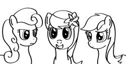 Size: 1024x520 | Tagged: safe, artist:why485, daisy, flower wishes, lily, lily valley, roseluck, ask the flower trio, g4, ask, flower trio, monochrome, tumblr