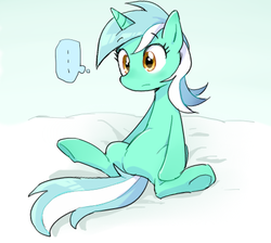 Size: 446x400 | Tagged: safe, artist:baekgup, lyra heartstrings, pony, g4, ..., featureless crotch, female, simple background, sitting, solo, thought bubble, underhoof, white background, wide eyes