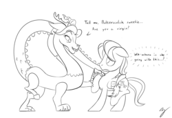 Size: 2875x1968 | Tagged: safe, artist:chef j, discord, fluttershy, g4, all the mares tease butterscotch, butterscotch, eris, female, male, monochrome, rule 63, ship:discoshy, ship:eriscotch, shipping, straight