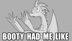 Size: 840x473 | Tagged: safe, artist:vanripper, spike, fanfic:like fine wine, g4, booty had me like, image macro, impact font, male, meme, monochrome, reaction image, simple background, solo, text, winged spike, wings