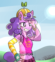 Size: 800x900 | Tagged: safe, artist:lucidlarceny, screwball, earth pony, anthro, g4, arm warmers, belly, bracelet, clothes, ear piercing, female, fingerless gloves, gloves, hat, jewelry, lens flare, midriff, piercing, propeller hat, solo, sun, swirly eyes, tank top