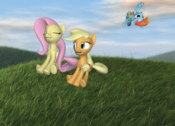 Size: 1370x988 | Tagged: safe, artist:darth-silas, applejack, fluttershy, rainbow dash, ponylumen, g4, 3d, 3d pony creator, breeze, flying, grass, hatless, hill, missing accessory, peace, peaceful, sitting, smiling, summer, upside down