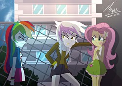 Size: 1100x774 | Tagged: safe, artist:bluse, fluttershy, gilda, rainbow dash, equestria girls, g4, angry, bruised, bullying, caught, clothes, crying, equestria girls-ified, female, flutterbuse, glare, gritted teeth, if looks could kill, midriff, now you fucked up, show accurate, skirt, sweat, tank top, tranquil fury