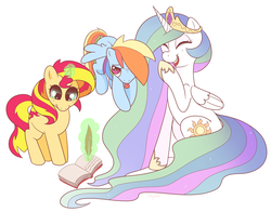 Size: 1875x1470 | Tagged: safe, artist:ponycide, princess celestia, rainbow dash, sunset shimmer, alicorn, pegasus, pony, unicorn, equestria girls, g4, book, laughing, magic, quill, simple background, sitting, telekinesis, tongue out