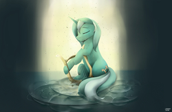 Size: 2300x1500 | Tagged: dead source, safe, artist:des1597, lyra heartstrings, pony, unicorn, g4, eyes closed, female, lyre, musical instrument, smiling, solo, water, wet mane