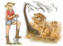 Size: 1000x725 | Tagged: safe, artist:king-kakapo, applejack, human, g4, boots, clean, clothes, daisy dukes, dirty, female, humanized, mud, quicksand, shorts, shovel, sketch, solo, tree, tree branch
