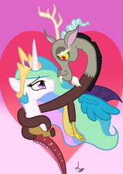 Size: 1024x1444 | Tagged: safe, artist:princesslovelypony, discord, princess celestia, g4, female, heart, hearts and hooves day, male, ship:dislestia, shipping, straight