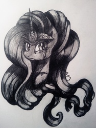 Size: 3072x4096 | Tagged: safe, artist:amberpon3, nightmare rarity, pony, unicorn, g4, bust, crying, female, graphite drawing, mare, monochrome, portrait, sad, solo, traditional art