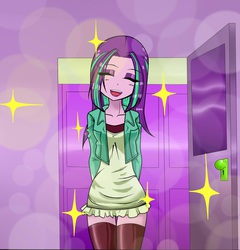 Size: 1320x1373 | Tagged: safe, artist:nekojackun, edit, aria blaze, equestria girls, g4, alternate hairstyle, aria flat, ariabetes, clothes, cropped, cute, delicious flat chest, female, loose hair, makeup, smiling, socks, solo, sparkles, thigh highs