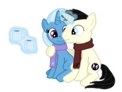 Size: 656x496 | Tagged: safe, artist:tineid, trixie, oc, oc:dubcrush, pony, unicorn, g4, canon x oc, clothes, female, hot chocolate, male, mare, scarf, shipping, straight