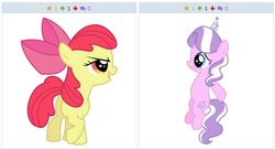 Size: 513x276 | Tagged: safe, apple bloom, diamond tiara, derpibooru, g4, exploitable meme, juxtaposition, juxtaposition win, meme, meta