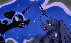 Size: 1444x878 | Tagged: safe, artist:the-fox-lord, nightmare moon, princess luna, g4, crying, duality, floppy ears, sharp teeth