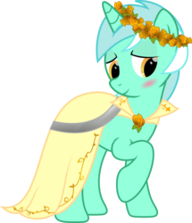 Size: 885x1031 | Tagged: safe, artist:assarak, lyra heartstrings, pony, fanfic:background pony, g4, blushing, clothes, dress, female, floral head wreath, raised hoof, solo