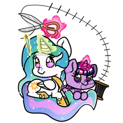 Size: 1000x1000 | Tagged: safe, artist:princess-ni-ni, princess celestia, twilight sparkle, g4, magic, mouth hold, needle, scissors, simple background, telekinesis, thread