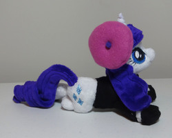 Size: 3312x2652 | Tagged: safe, artist:janellesplushies, rarity, pony, g4, beanie (plushie), beatnik rarity, beret, clothes, hat, high res, irl, photo, plushie, prone, shoes, solo, sweater