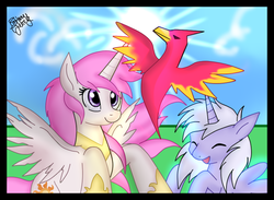 Size: 806x591 | Tagged: safe, artist:brittanytucker, philomena, princess celestia, princess luna, phoenix, g4, eyes closed, filly, pink-mane celestia, sisters, younger