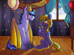 Size: 1280x960 | Tagged: safe, artist:sunshineapple, oc, oc only, bat pony, pony, birthday, party horn, present, streamers