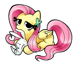 Size: 1500x1276 | Tagged: dead source, safe, artist:gatodelfuturo, angel bunny, fluttershy, pegasus, pony, g4, barrette, cute, duo, ear bite, looking at you, prone, shyabetes, simple background, sleeping, transparent background